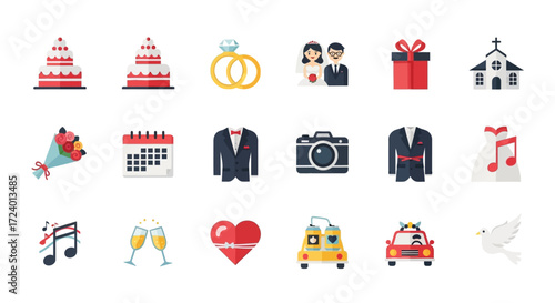 Wedding and Marriage Flat Icons Set.