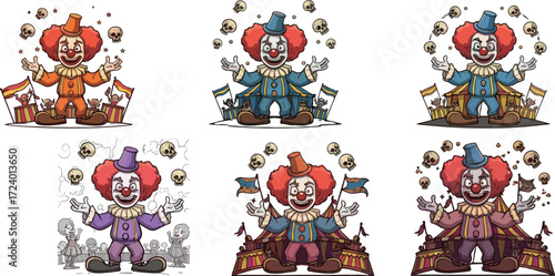 Colorful creepy clowns in circus-themed backgrounds with skulls, tents, and flags — horror cartoon vector set for Halloween design