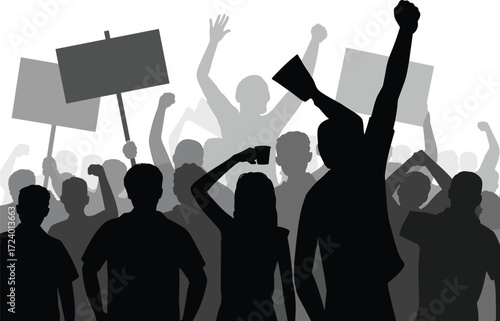 Silhouetted protest crowd with signs, raised fists, and megaphone, symbolizing activism, public expression, unity, social movement, and political engagement