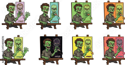 Zombie artist painting self-portraits in colorful backgrounds, cartoon vector illustration for Halloween, horror, creativity, undead humor, and spooky art themes