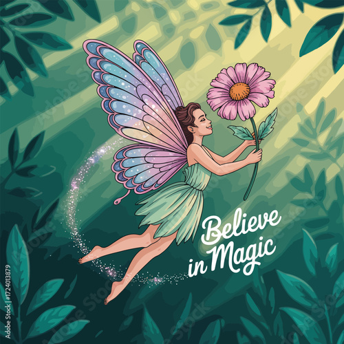 Believe In Vector Illustration Fairy Art With Flower Isolated On Green Background
