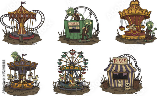 Spooky amusement park with zombie characters, haunted rides and ticket booths, Halloween vector illustration for creepy carnival stock content