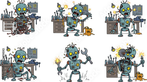 Zombie robots malfunctioning, sparking, and leaking oil in workshop scenes, mechanical undead characters for Halloween vector stock content illustration
