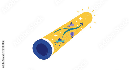 Yellow and blue confetti popper with arrows and stars.