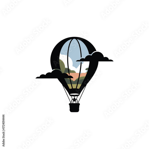 Hot air balloon silhouette with scenic landscape inside and clouds on white background