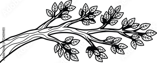 Vector Tree branch with leaves black and white silhouette design