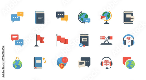 A colorful set of flat icons representing language and translation.
