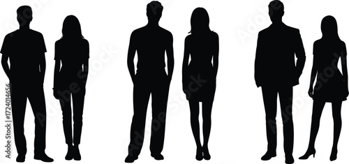 Silhouettes of six human pairs in standing pose, black vector design symbolizing people, demographics, diversity, gender, clothing styles, and social representation