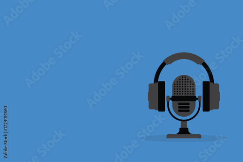 Podcast. Podcasting headphones and microphone