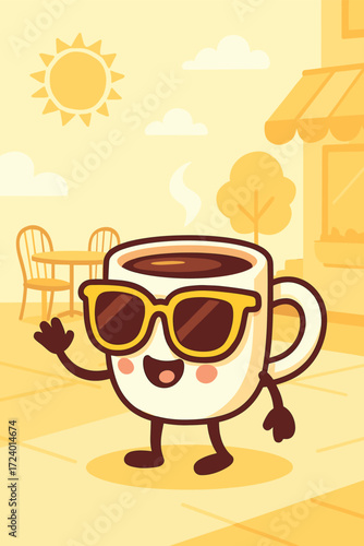 Smiling coffee cup character with sunglasses waving in sunny café scene, symbolizing morning energy, fun branding, outdoor lifestyle, and beverage illustration