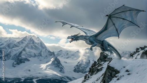 A dragon flying over snowy mountains