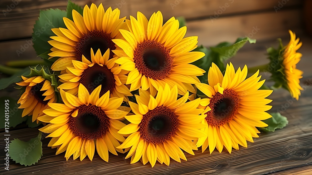 Fototapeta premium Close-up of vibrant sunflowers on a wooden surface, radiating warmth and rustic charm.