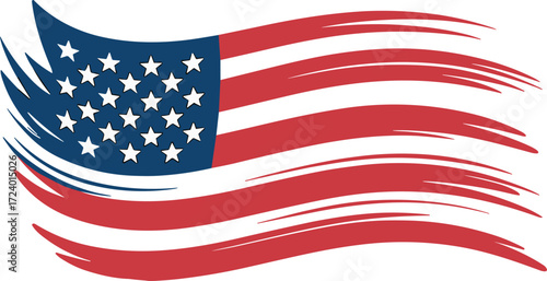 Stylized American flag with flowing stripes and stars, black and white vector design symbolizing patriotism, national identity, freedom, and artistic expression