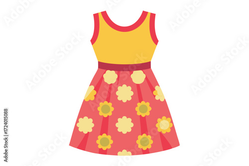 Yellow top and red skirt dress adorned with floral pattern sits isolated against white