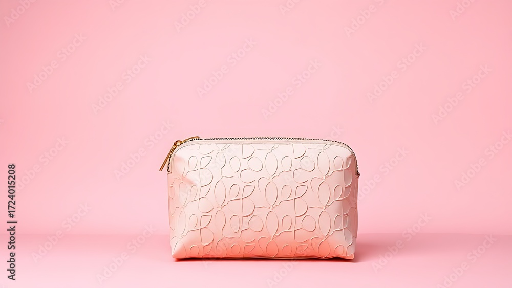 Obraz premium Elegant cosmetic bag on soft pink background, highlighting texture and design.