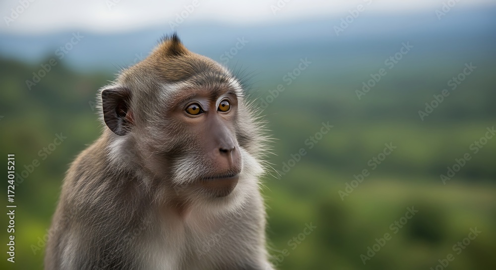 Naklejka premium Contemplative Long-Tailed Macaque Monkey Portrait with a Lush Green Backdrop