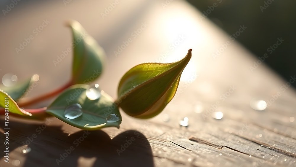 Obraz premium Macro shot of fresh tea leaves with morning dew on wooden surface under directional sunlight.