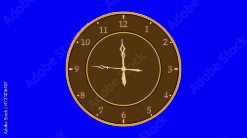 brown dial, gold hands, Arabic numerals with moving hands on blue screen. Computer graphics.