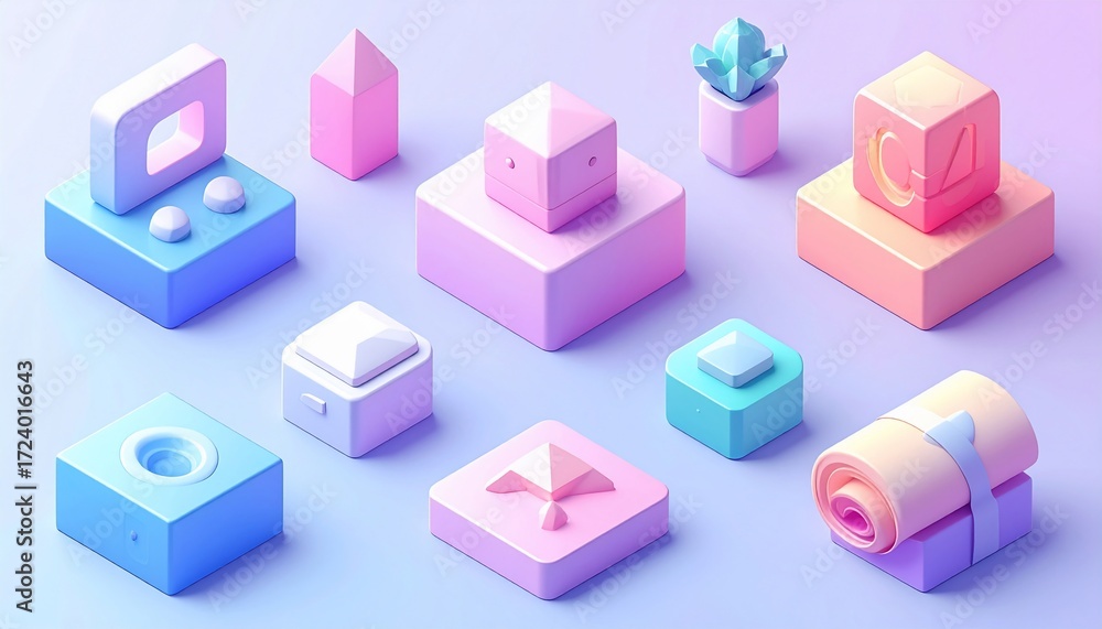 Fototapeta premium Isometric pastel shapes in a vibrant gradient create a modern abstract illustration