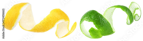 Fresh peel of lemon and lime fruit isolated on a white background. Citrus zest spiral.