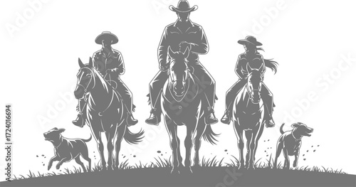 Art Vector Illustration of Three Cowboys Riding Horses Isolated on Checkered Background