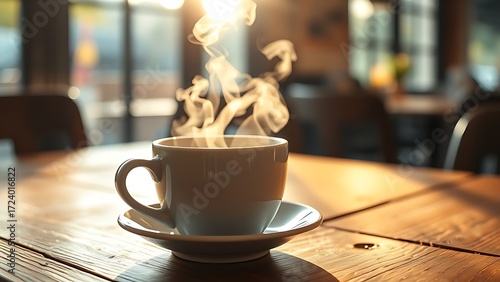 Steaming coffee cup on a rustic table, capturing the essence of a morning ritual.