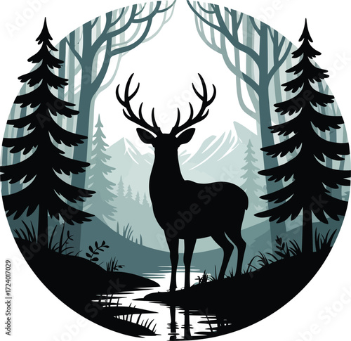 Deer in Forest Vector Illustration Isolated Black Art Silhouette