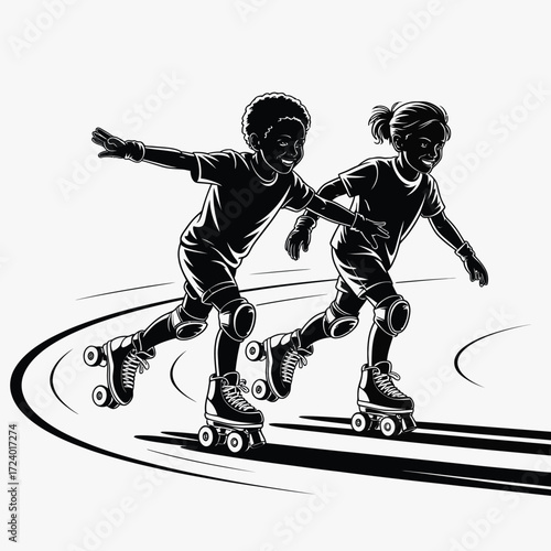 Kids Illustration Vector Art Roller Skating Active Play Isolated Black White