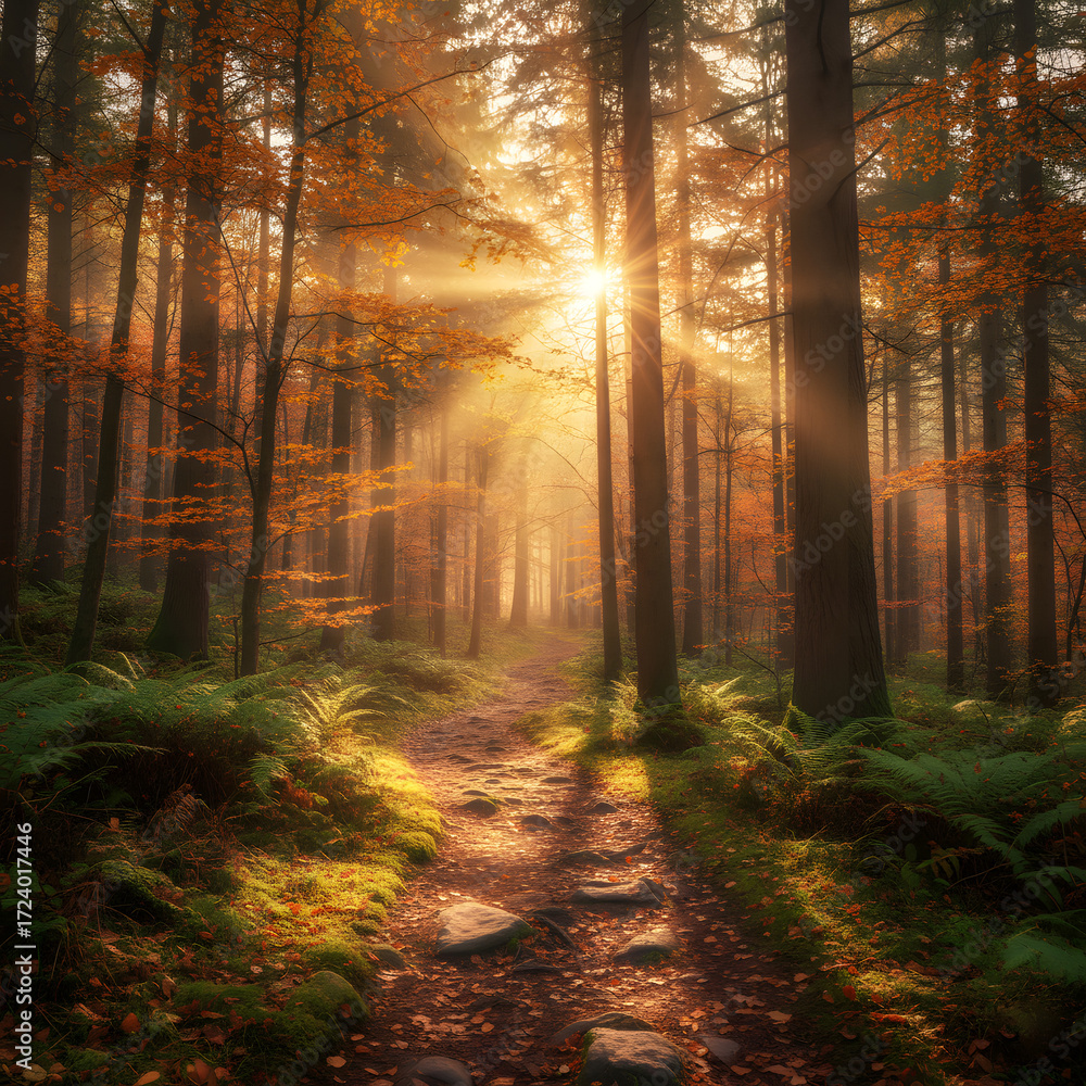 Obraz premium Hiking trail in forest with sunlight rays
