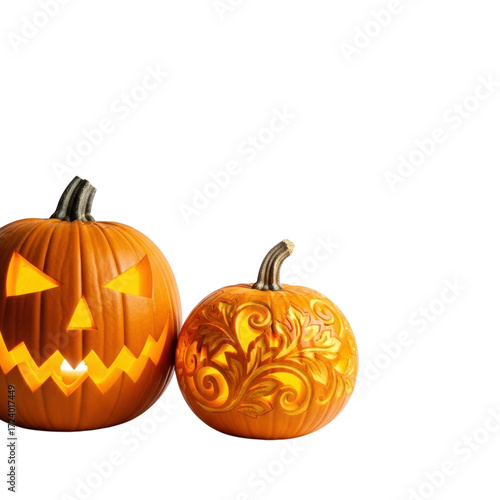 Two carved pumpkins, one with a scary face and the other with a floral design isolated on transparent background