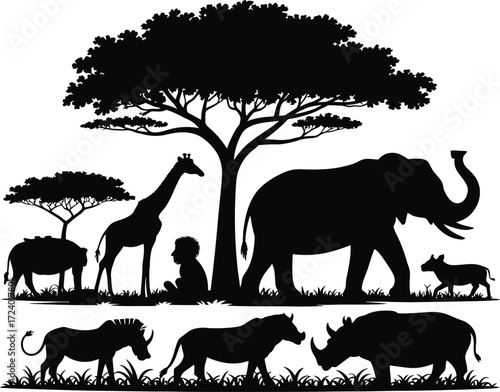 African Savannah Animals Illustration Isolated Tree Silhouette Art Vector Black