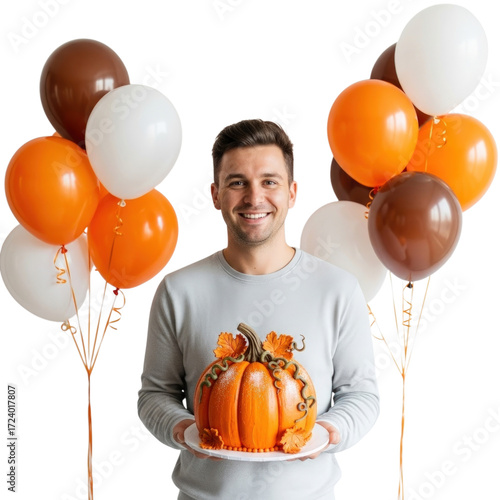 A smiling man holding a pumpkin cake surrounded by orange, white, and brown balloons isolated on transparent background