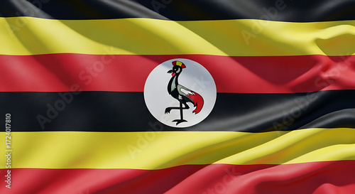 Free Download Detailed shot of the ugandan national flag waving, featuring the six horizontal bands of black, yellow, and red, with the crested crane emblem at the center, representing ugandas rich wildlife and her - GFXLoad