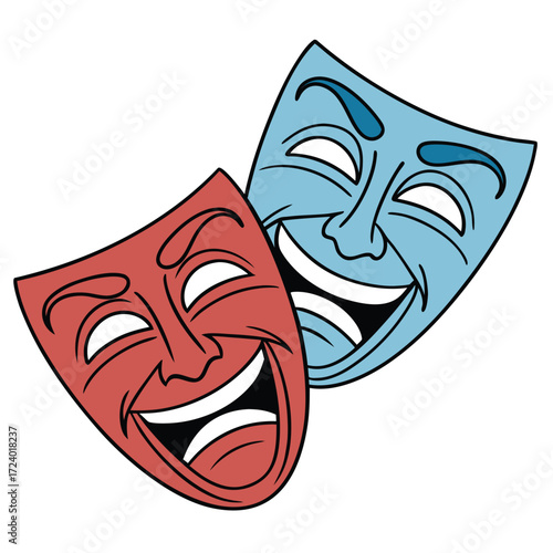 Two theatrical masks one red and one blue representing comedy and tragedy