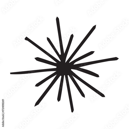 starburst graphic in minimalist black-and-white radial line style decorative emblem. Vector hand drawn illustration for postcards, logo, stikers, polygraphy and social media. 