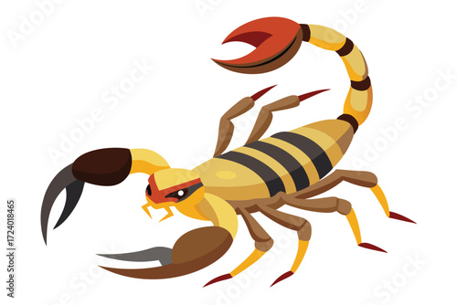 Illustrated scorpion displays its claws, striped body and segmented tail against a bright white background