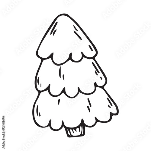 stylized evergreen tree hand-drawn black and white whimsical holiday motif. Vector hand drawn illustration for postcards, logo, stikers, polygraphy and social media. 