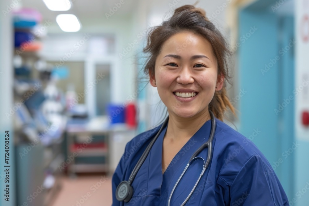 Fototapeta premium Mongolia working nurse at hospital adult stethoscope protection.