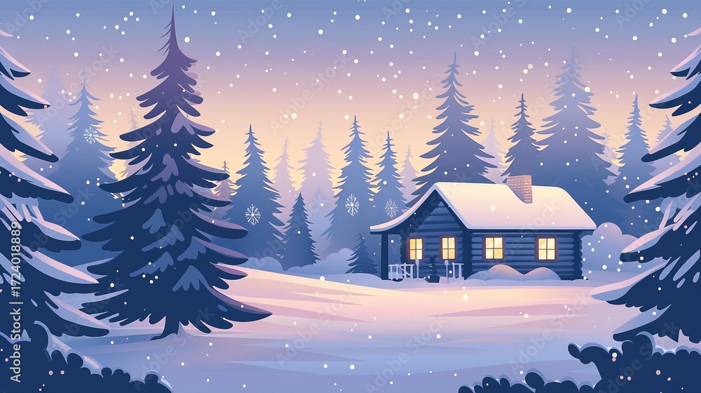 Fototapeta premium Charming winter landscape illustration with a cozy cabin nestled amongst snow-covered trees