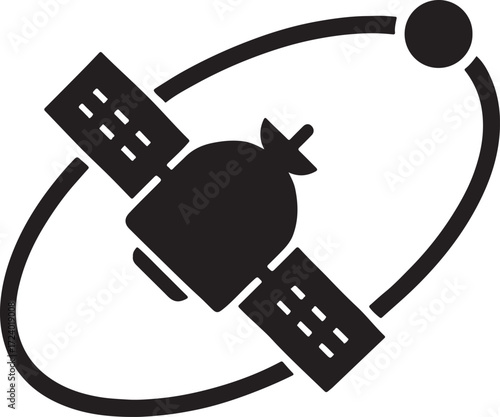 Satellite in orbit silhouette vector, space technology illustration, editable EPS file for design.