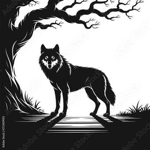 Wolf Under Tree Vector Illustration Black Art Isolated Graphic