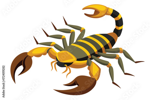 Striking scorpion displays yellow and black stripes, holding large brown pincers powerfully open