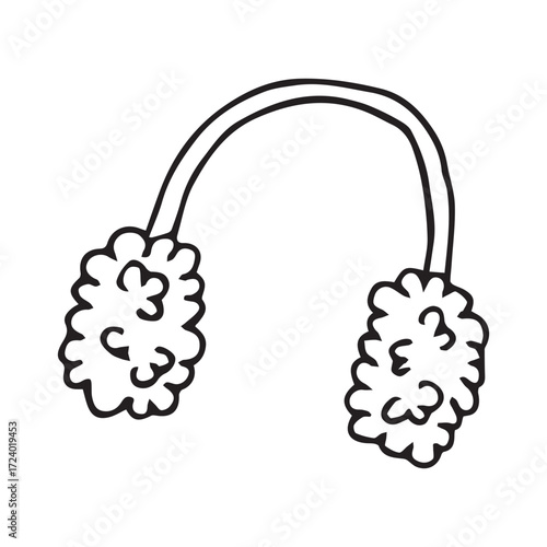 earmuffs line drawing in cozy hand drawn black and white winter accessory illustration. Vector hand drawn illustration for postcards, logo, stikers, polygraphy and social media. 