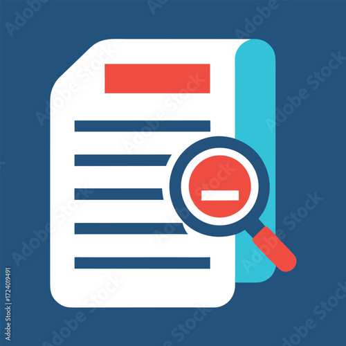 Close up of a magnifying glass with a red minus symbol on its lens examining a document with lines of text and a red header symbolizing research and analysis