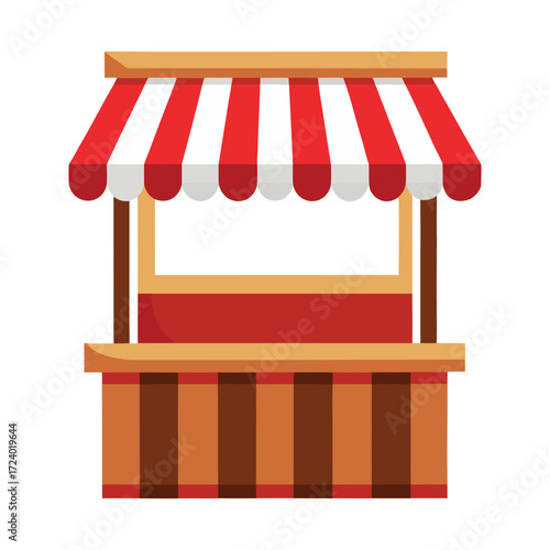 A charming cartoon illustration of an empty market stall with a red and white striped awning ready for vendors and products at a fair or festival