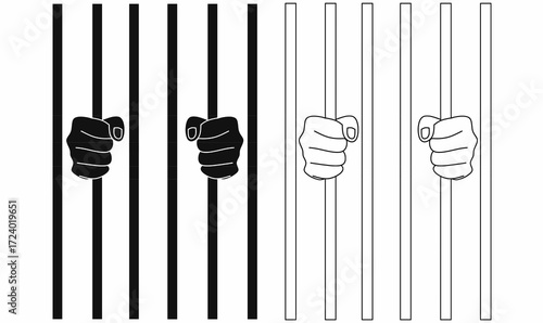 Vector illustration of prisoner hands gripping jail bars in silhouette and outline style. Symbol or icon of prison, crime, law, justice, punishment, freedom, and security concept.