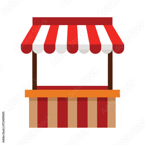 A vibrant and colorful empty market stall with red and white striped awning and wooden counter perfect for representing small business retail or event booths