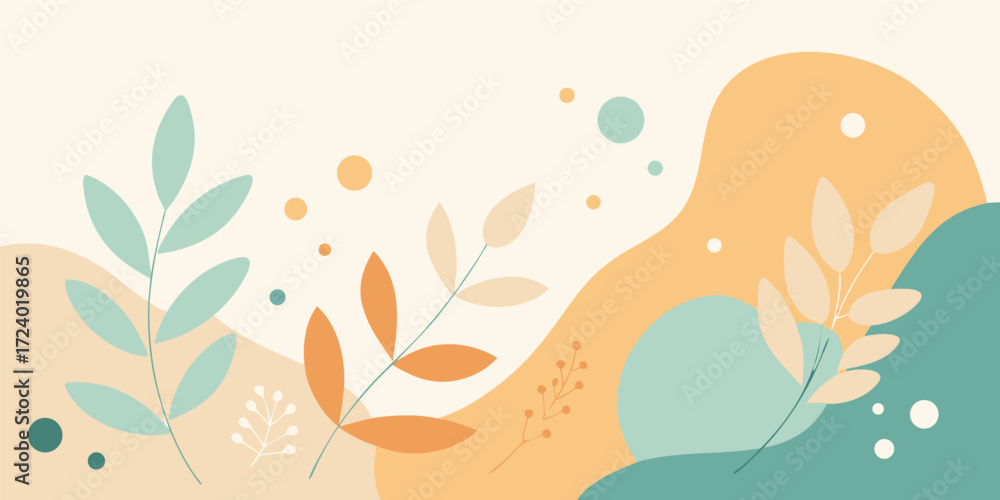 Obraz premium Pastel botanical vector background with abstract shapes and leaves, creating a soft and modern aesthetic for various designs