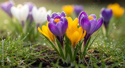 Crocus flowers in vibrant spring hues dancing in a garden landscape