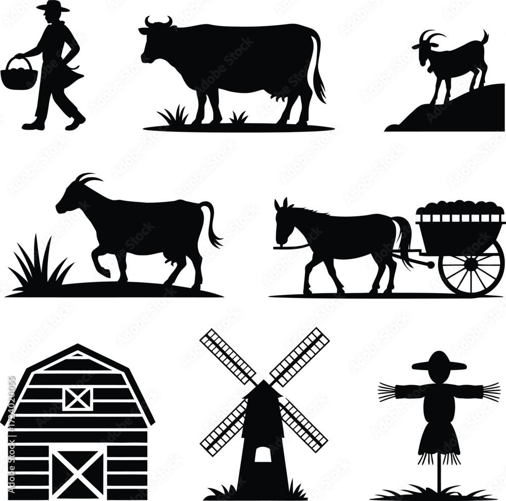 Fototapeta premium Farming Black Silhouette Vector Illustration Isolated